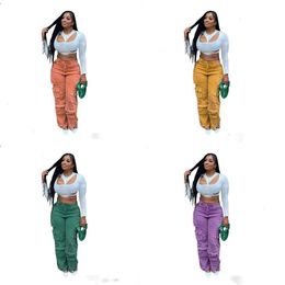 Color sólido Nuevo pantalones de trabajo Mujeres Mujeres múltiples múltiples bolsillo pantalones de carga jeans rectos pantalones activos 4 colores