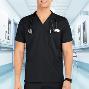 Couleur de couleur Solide Uniforme Men Scrubs Blouse Blouse à manches courtes Multi-Pocket Care T-shirt Tops Workwear Medical Nursing Uniforme