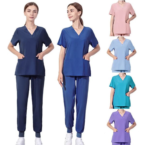 Color sólido Scrubs Mujeres Uniformes Elasticidad Clínica de mascotas Enfermera V-Neck Hospital Doctor Trabajo de ropa al por mayor 240520