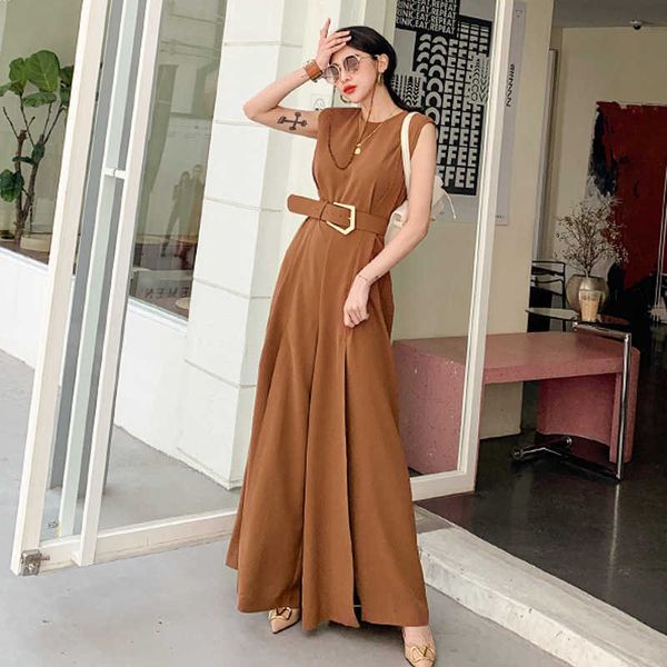 Bureau de couleur unie OL lady Jumpsuit pour les femmes Sexy sans manches Split Playsuit Femme Été Haute qualité Loose Wide Leg Barboteuses 210529