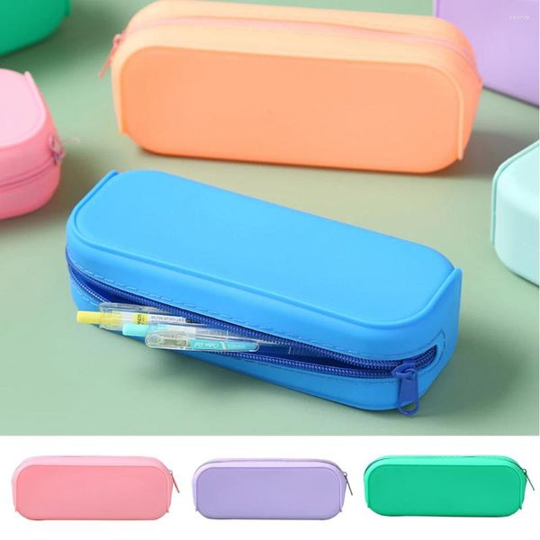 Étui à stylos de couleur unie, boîte de papeterie étanche en Silicone de grande capacité, fournitures d'apprentissage souples multicolores durables