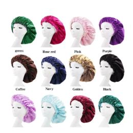 Solide Couleur Réversible Soyeux Satin Bonnet Double Couche Sommeil Bonnet De Nuit Couverture Bonnet Chapeau pour Pour Cheveux Bouclés Élastique Noir En Gros