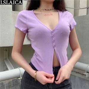 Camiseta ajustada de cuello redondo de color liso para mujer, camiseta de manga corta con botones de punto y borde morado, ropa informal, camiseta para mujer 210515