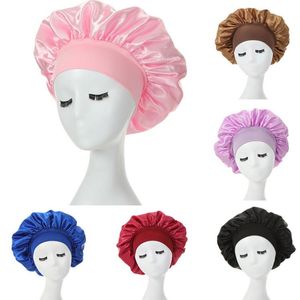 Solid Color Satin Wide Band Night Hat For Women Girl Elastic Sleep Caps Bonnet Hair Care Fashion Accessories SN4370