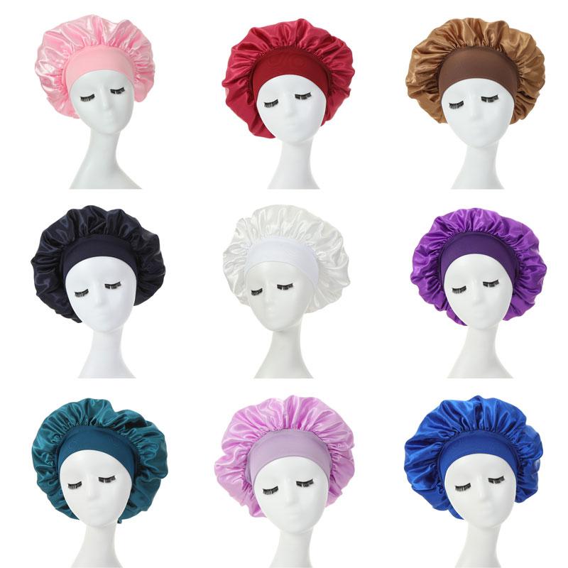 15 Farben Satin Breitband Nachtmütze für Frauen Mädchen elastische Schlafmützen Motorhaube Haarpflege Modeaccessoires