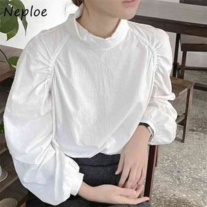 Solid Color Simple Puff Sleeve Vrouwen Blouse Turtleneck Geplooid Femme Blusas Koreaanse stijl ins All-match Design Shirts 210422