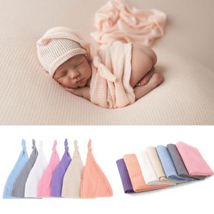 Enveloppement pour nouveau-né tricoté, couleur unie, doux et confortable, avec chapeau, accessoires de séance Photo, couverture