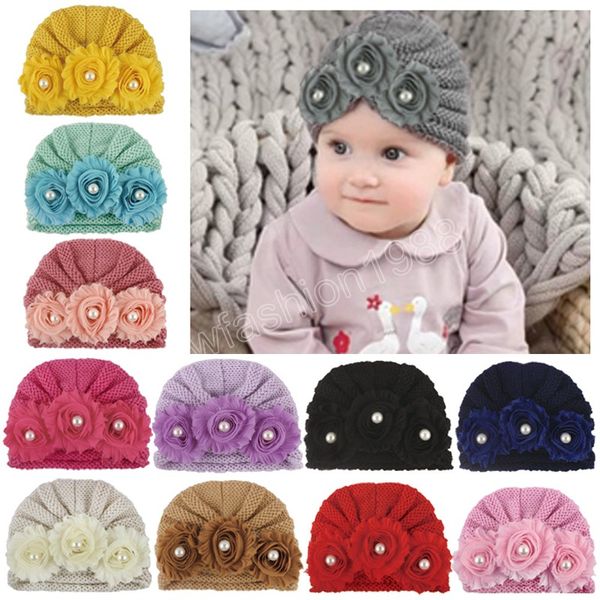 Couleur unie rayé laine à tricoter accessoires pour cheveux chapeaux pour bébés mode fleurs à la main bébé casquettes enfants accessoires cadeaux d'anniversaire