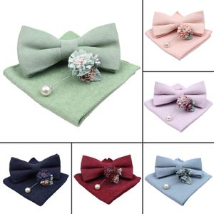 Conjunto de broche de pañuelo de pajarita de algodón para hombre de ante súper suave de Color sólido, pajarita, lazo, rosa, azul, mariposa, boda, regalo novedoso