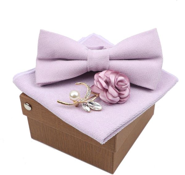 Couleur unie en suinde super douce hommes Cotton Bow Tie Mandkerchief Brooch Set Bowtie Bowknot Rose Blue Butterfly Wedding Novelty Gift3292484