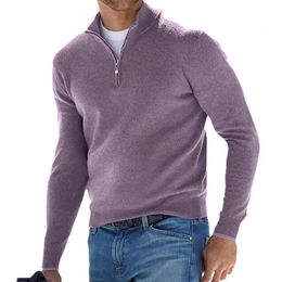 Couleur unie pull hommes élégant hommes hiver chandails chaud doux protection fermeture éclair col montant hauts 240115