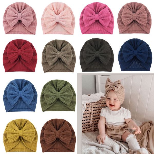 Chapeau gaufré de couleur unie pour bébé fille, chapeau à nœud papillon, Turban, bandeau pour enfants, Bonnet, accessoires de photographie pour nouveau-né