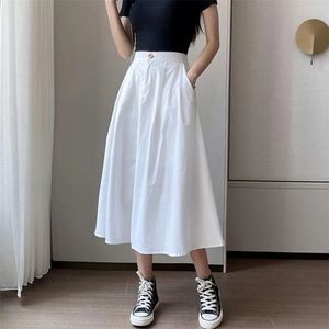 Solid Color White Women Basic Summer A-lijn Rokken Katoen Hoge Taille geplooid Plus Size Korean Black Wild Bottoms 210421