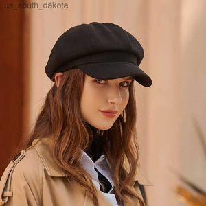 Gorros de boina de lana cálidos de invierno de Color sólido, gorros octagonales de moda, gorro informal de vendedor de periódicos para niñas y mujeres L230523