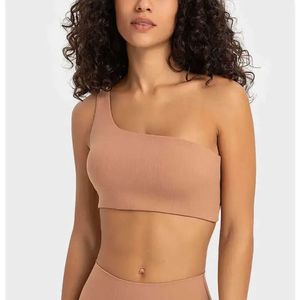 Tenues de yoga de couleur unie Lu-39 Côtelé Femmes Fitness Soutien-gorge Oneshoulder Découpe Sangle Sport Débardeur Gym Sous-vêtements Sans Couture Entraînement C Haute