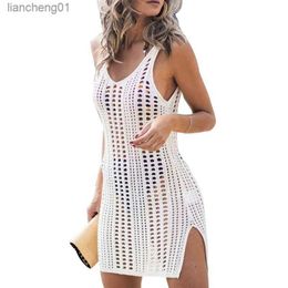 Solide Crochet Bikini Cover Up avec Fringe Garniture Femmes Sexy Tunique Creuse Robe De Plage 2022 Été Maillot De Bain Beachwear L230619