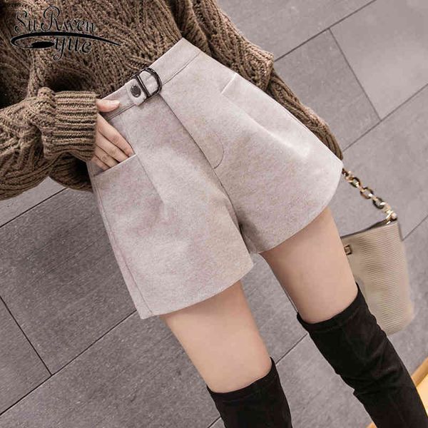 Pantalones cortos de lana negros elegantes sólidos para mujer, ropa de calle coreana de cintura alta para otoño e invierno, pierna ancha 7784 50 210521