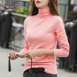 Solide manches longues rose hauts femmes T-shirt col roulé Blusas Mujer De Moda élégant Vintage 6974 50 210506