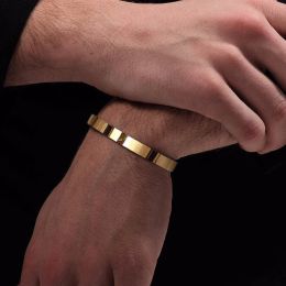 Bracelets manchette plats en or massif 6mm 8mm pour hommes, Bracelet en or jaune 14 carats, supports Brazalet Bileklik Braslet