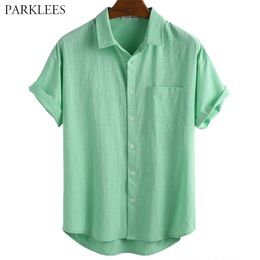 Solide vert lin été hommes chemise décontracté lâche chemises pour hommes avec poche revers bouton hommes chemise à manches courtes Streetwear 210524