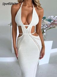 Solid Halter Hollow Out Lace Up Damese Jurk Mouwloze Backless Backless Wrapped Hip Dresses Sexy Slim Fit Vacation Prom Party Jurk 240422