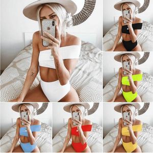 Solide irrégulière une épaule Bikini 7 couleurs femmes pansement fendu taille haute maillot de bain costume maillots de bain OOA6478