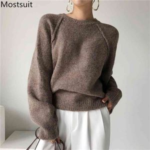 Solido Coreano Classico Pullover Top Donna Inverno Manica Lunga O-Collo Moda di Base Maglione Femminile Maglioni Femme 210513