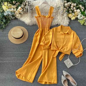 Solid Korean twee lente zomer strand stijl 2 stuk set vrouwen hoge taille ropa mujer mode 16376 210415