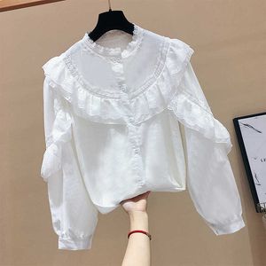 Solid Lace Ruches Patchwork Stand Flare Sleeve Shirt Top Lente Blouse Dames 210615