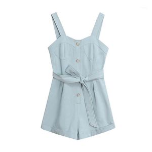 Solid Light Blue Pocket Mouwloze Tank V-hals Playsuits Romper Korte Zomer J0122 Dames Jumpsuits Rompertjes