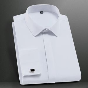 Camisa de vestir clásica con puños franceses para hombre, camisa de manga larga con tapeta cubierta, camisas blancas de boda con diseño estándar de negocios formales 240119
