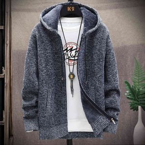 Solid Mens Trui Jas Warm Casual Dikke Jas Plus Fluwelen Trui Cardigan Streetwear Jas Mannen Hoodies Gebreide Geribbelde Hem 210524