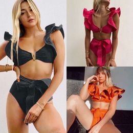 Nouvelle couleur solide Split Split Women de l'industrie lourde Ligne pressante Edge Sexy Bikini Swimsuit Exy Wimsuit