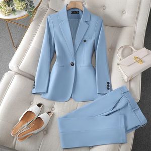 Traje de oficina liso para mujer, chaqueta y pantalones de Color azul marrón albaricoque, traje pantalón de primavera y otoño de 2 piezas 240127