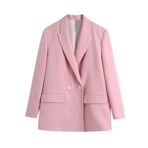 Solide rose mode outwear blazer femmes poches à double boutonnage décontracté dame streetwear élégant femme 210430