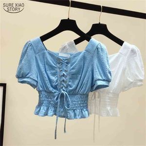 Solid Puff Sleeef Vrouwen Tops Koreaanse Mode Kleding Zomer Korte Mouw Blouses Drawstring Dames Shirts Blusas 9917 210506