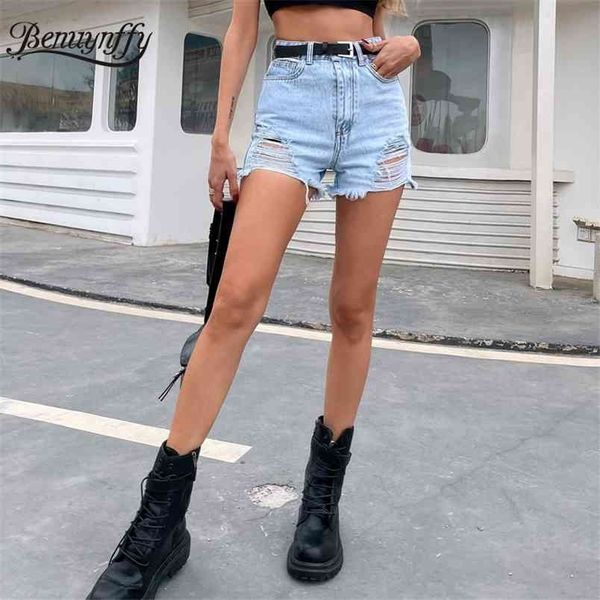 Solide brut ourlet déchiré denim shorts femmes été décontracté streetwear dames taille haute jeans sans ceinture 210510