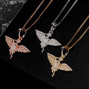 Solid S925 Sterling Silver Angel Wings Hanghangende ketting voor vrouwen Volledige kubieke zirkonia Gold vergulde hiphop vrouwelijke sieraden accessoires collier verjaardagscadeaus Bijoux