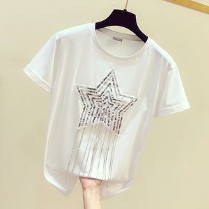 Paillettes solides Diamants O-Cou T-shirt 2019 Nouveau Bureau d'été Lady Coton Top Vêtements Chemise Camiseta Mujer Noir Blanc T95107L CX200714