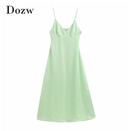 Solide sexy diepe v-hals partij lange jurk spaghetti riem backless strand zomer mouwloze club satijnen sundresses robe 210515