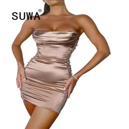 Robe sexy solide femmes spaghetti sangle es femme taille haute gaine club court été mini robes sans manches 210525