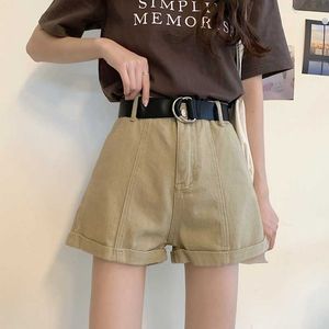 Solid short jeans vrouwen zomer dunne hoge taille silm losse a-lijn denim broek casual kawaii wide poot vrouw shorts met sjerpen 210525