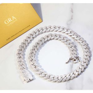 Vast zilver 13 mm breed met 3rows d kleur gra moissaniet diamant cuban link ketting voor heuphop ketting van heren rapper