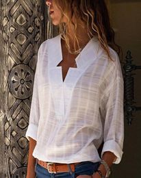 Solid Star V Neck Femmes Kimono Shirts 2020 Automne Plaid Cotton Linon Elegant Office Lady Blouse Femine Plus Taille Femme Shirt8212522