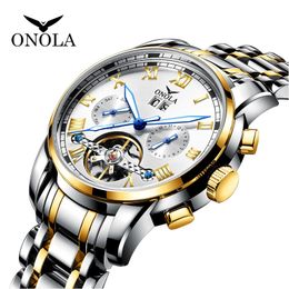 Cinturón de acero sólido Business Tourbillon Hollow Reloj mecánico automático Reloj impermeable para hombre Relojes de pulsera populares para hombre