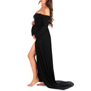 Effen strapless zwangerschapsfotografiejurken dames off-shoulder zwartloze moederschap lange mouwen split lange jurk kanten jurk