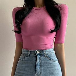 Effen dunne t-shirt vrouwen katoenen korte mouw slanke basic t-shirts vrouw Koreaanse stijl kleding Tee shirt femme roze zomer top 220408