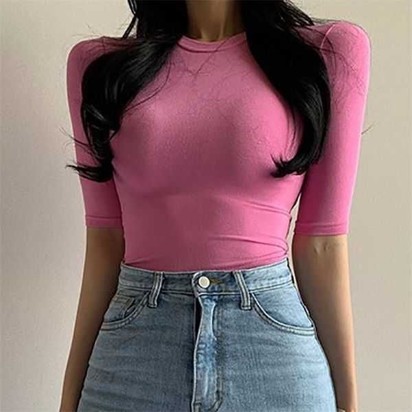 Camiseta fina sólida de algodón de manga corta para mujer, camisetas básicas ajustadas, ropa de estilo coreano para mujer, camiseta rosa para mujer, Top de verano 220408