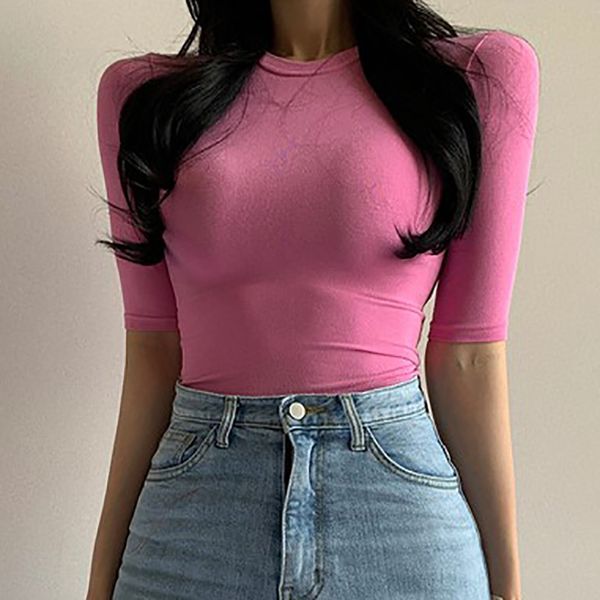 Camiseta fina sólida de algodón de manga corta para mujer, camisetas básicas ajustadas, ropa de estilo coreano para mujer, camiseta rosa para mujer, Top de verano 220411