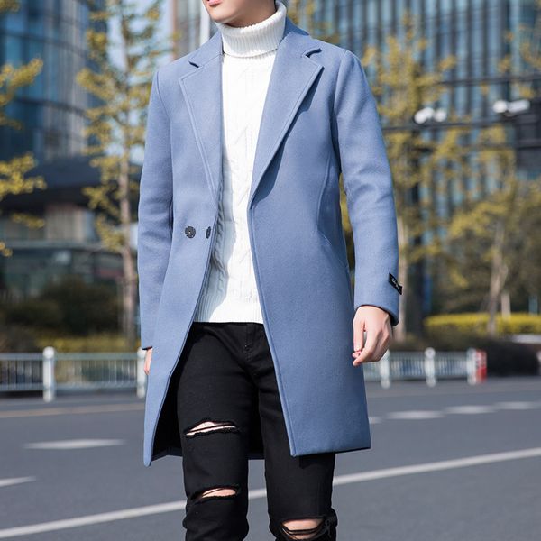 Gabardina sólida para hombre, chaqueta informal ajustada, cálida, para hombre, abrigo largo de estilo coreano, abrigo cortavientos con botones cubiertos, 210524